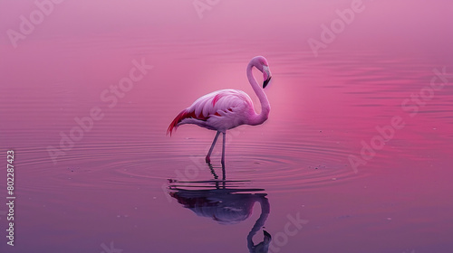 tranquil lagoon at dusk, a solitary flamingo stands tall, its pink plumage glowing in the fading light