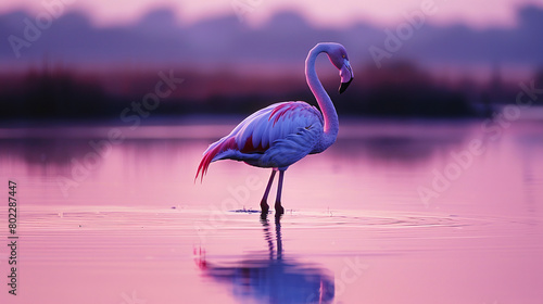 tranquil lagoon at dusk, a solitary flamingo stands tall, its pink plumage glowing in the fading light photo