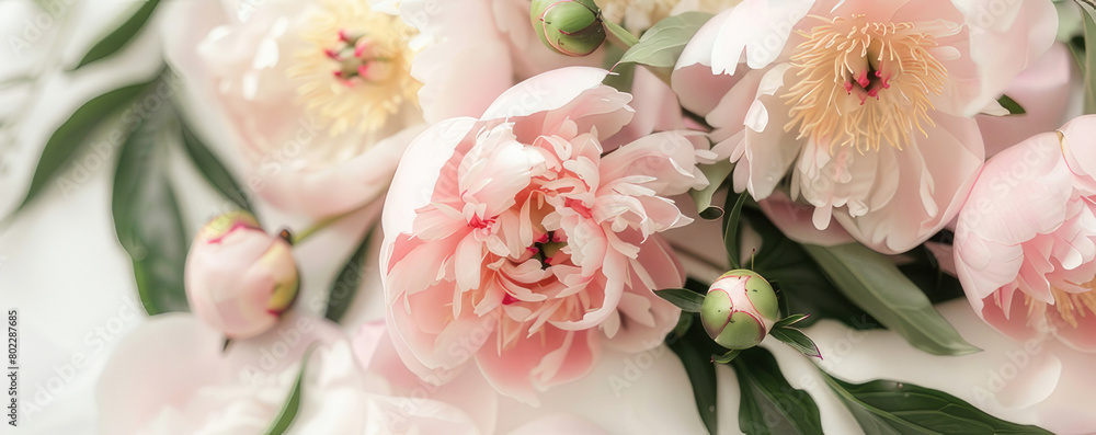 banner of delicate white and pink peonies, close-up, with copy space