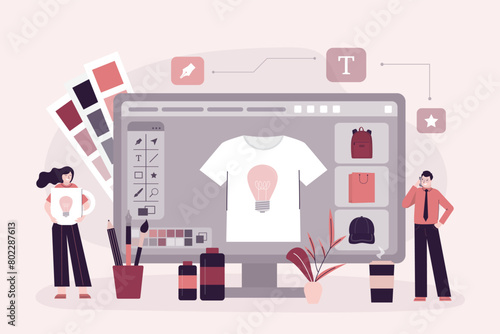 Creator presenting company products for customer. E-commerce and advertising campaign. Custom design clothes for marketing campaign. Business to create merchandising.