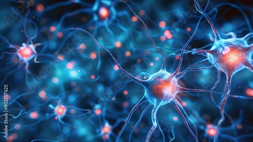 Nerve cells send electrical signals in the brain for neural research. Concept Brain Signals, Neural Activity, Nerve Cells, Electrical Impulses, Neuroscience