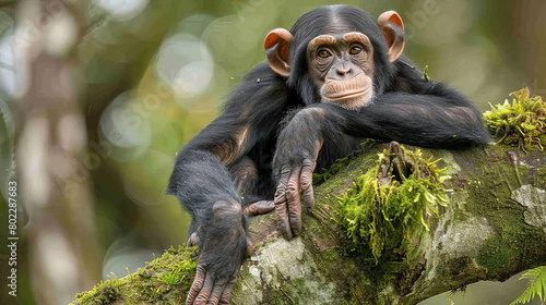 A chimpanzee perched atop a moss-covered branch
