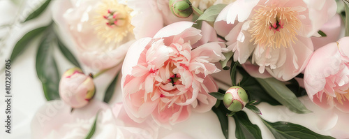 banner of delicate white and pink peonies  close-up  with copy space