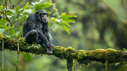 A chimpanzee perched atop a moss-covered branch © Nate