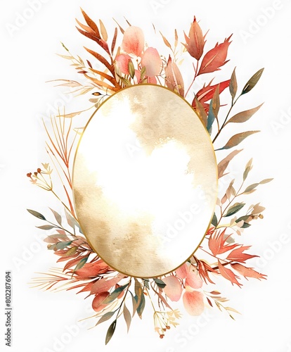 Watercolor autumn floral frame, golden oval area for text copy space white background