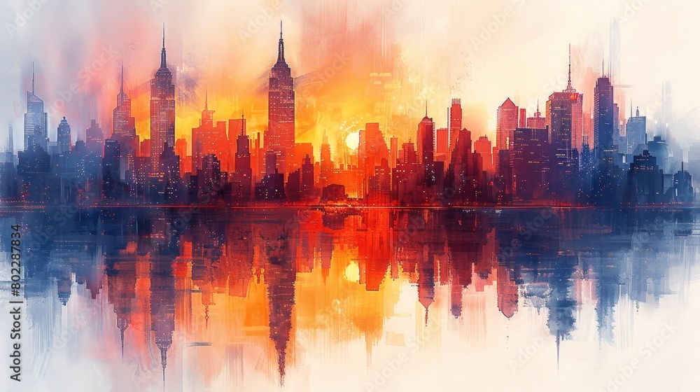 A painting of the city skyline at sunset, with buildings reflecting in water and warm hues of orange and red. Generative AI
