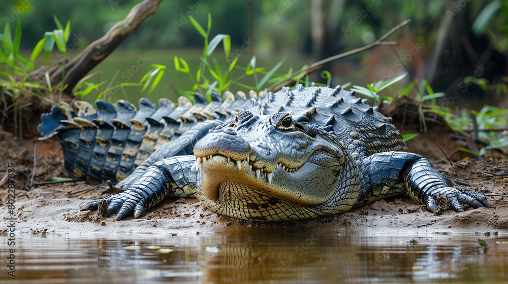 A crocodile basking on the banks of a murky river A crocodile basking on the banks of a murky river