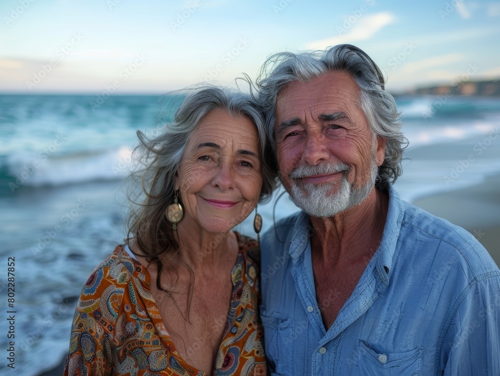 Portrait of a happy elderly couple embracing warmly as the sunset bathes them in a golden light, showcasing lasting love and companionship Portrait of a happy elderly couple embracing warmly as the sunset bathes them in a golden light, showcasing lasting love and companionship