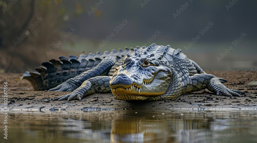 A crocodile basking on the banks of a murky river