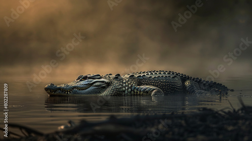  A crocodile basking on the banks of a murky rive