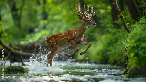 A deer gracefully leaping over a babbling brook, its powerful form and elegant antlers framed by the lush greenery of the forest