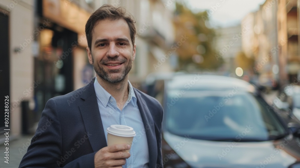 Front view of handsome man in business suit holding cup of coffee in hands while standing outdoors. Blur background of luxury business car. Front view of handsome man in business suit holding cup of coffee in hands while standing outdoors. Blur background of luxury business car.