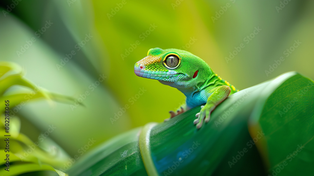 Fototapeta premium A green gecko perched on a vibrant tropical leaf