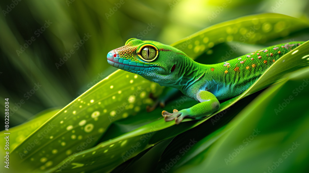 Fototapeta premium A green gecko perched on a vibrant tropical leaf