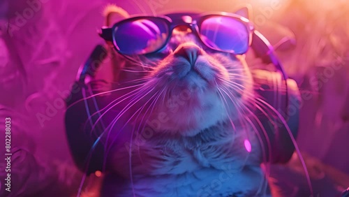 A cat wearing headphones and glasses is staring at the camera. The image has a playful and fun mood, as the cat is dressed up in a way that is not typical for a cat photo