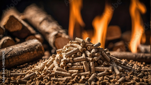 a stack of biomass wood pellets set against a backdrop of a woodpile, showcasing renewable energy sources.