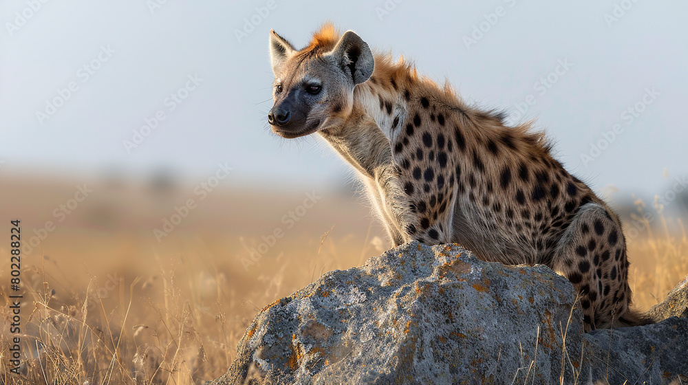 A hyena surveying the African savannah from a rocky outcrop A hyena surveying the African savannah from a rocky outcrop