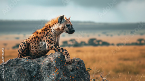  A hyena surveying the African savannah from a rocky outcrop photo