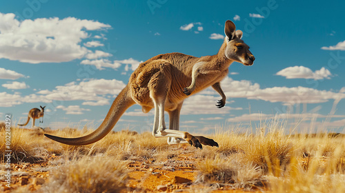 A kangaroo bounding effortlessly across the vast Australian Outback photo