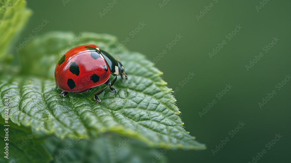 A ladybug delicately balanced on the edge of a lush green leaf A ladybug delicately balanced on the edge of a lush green leaf