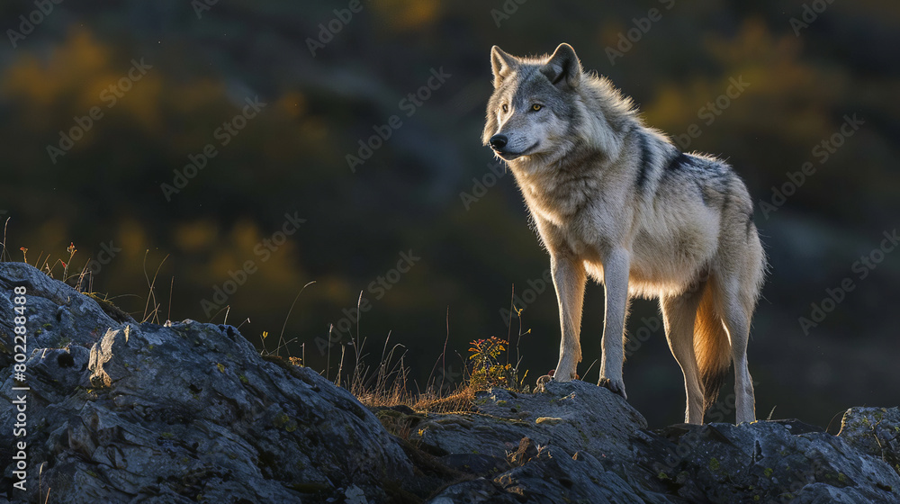 A lone wolf standing proudly on a rocky outcrop, its silvery fur blending seamlessly with the moonlit landscape A lone wolf standing proudly on a rocky outcrop, its silvery fur blending seamlessly with the moonlit landscape
