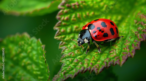 A ladybug delicately balanced on the edge of a lush green leaf © Nate