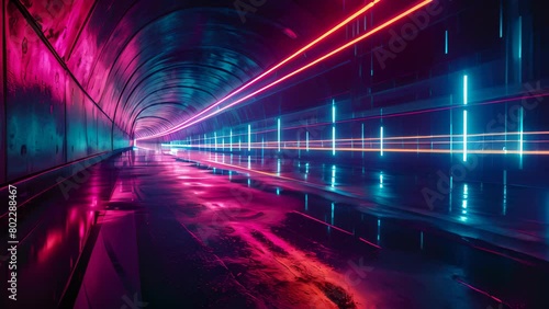Wallpaper Mural A tunnel with neon lights and reflections on the ground. The tunnel is long and narrow, with a bright blue and purple hue. The lights create a sense of movement and energy Torontodigital.ca