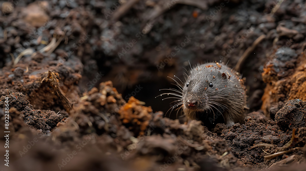 A mole burrowing through rich, dark soil, its velvety fur glistening with earth A mole burrowing through rich, dark soil, its velvety fur glistening with earth