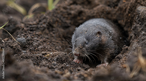 A mole burrowing through rich, dark soil, its velvety fur glistening with earth © Nate