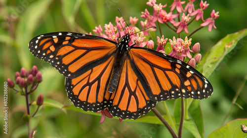 A monarch butterfly gracefully alighting on a cluster of milkweed blossoms
