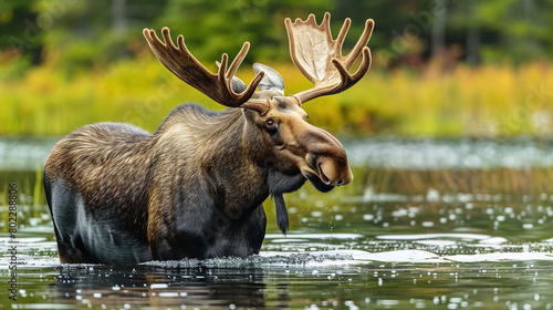 A moose wading through a tranquil lake  its massive antlers adorned with water droplets