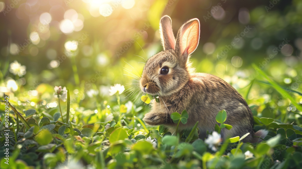 Fototapeta premium A rabbit nibbling on fresh clover in a sun-dappled meadow