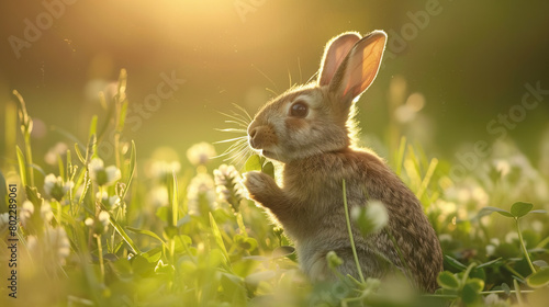 A rabbit nibbling on fresh clover in a sun-dappled meadow