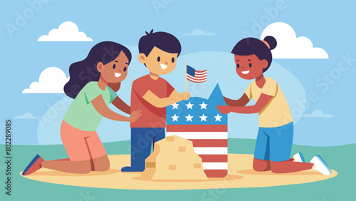 A team of young siblings put their imaginations to work as they built a sand sculpture of the American flag each sibling adding their own unique. Vector illustration