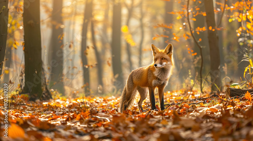 A red fox prowling through a sun-dappled forest, its fiery coat blending seamlessly with the autumn foliage