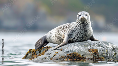 A seal basking lazily on a sun-warmed rock, its sleek, silver-gray coat glistening in the coastal breeze