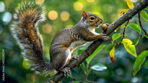A squirrel perched on a tree branch, its bushy tail arched gracefully behind it © Nate