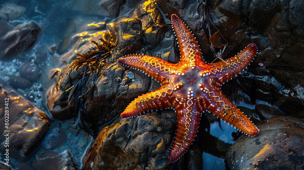 A starfish clinging to the rocky surface of a tide pool A starfish clinging to the rocky surface of a tide pool