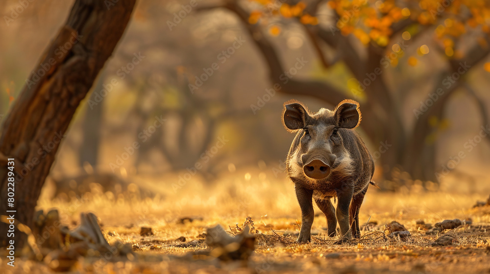 Fototapeta premium A warthog kneeling to forage for roots in the sun-dappled savannah, its distinctive tusks and rugged appearance highlighted against the backdrop of acacia trees