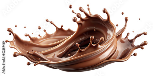 Chocolate is scattered in the air against a transparent background,creating a sense of fluidity and movement.The liquid forms peaks and tendrils,gracefully defying gravity while seemingly floating.AI 