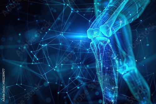Abstract digital background with a blue light and a human knee joint, a medical technology concept. photo
