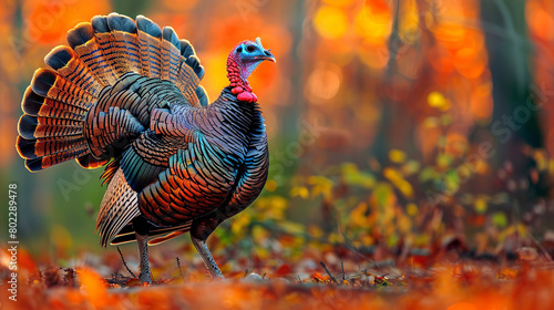 A wild turkey displaying its iridescent feathers in a courtship ritual, captured mid-strut amidst the vibrant hues of a forest clearing photo
