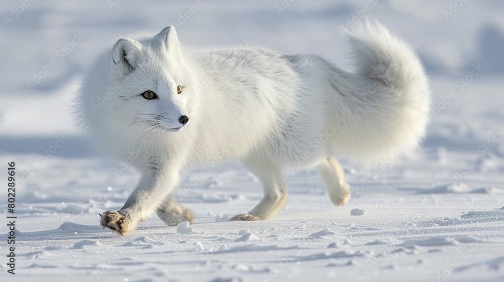 An Arctic fox prowling across a snowy landscape, its fluffy white fur camouflaging it against the icy terrain An Arctic fox prowling across a snowy landscape, its fluffy white fur camouflaging it against the icy terrain