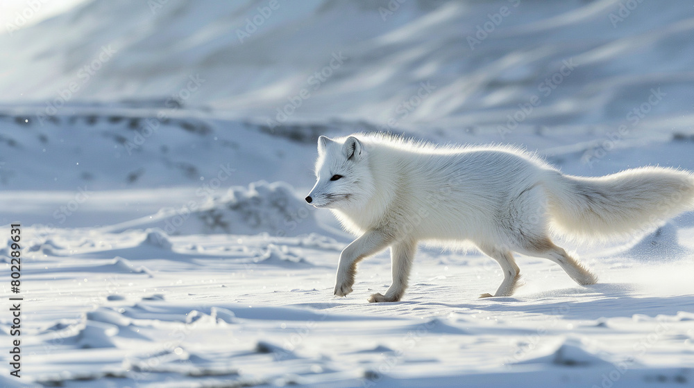 An Arctic fox prowling across a snowy landscape, its fluffy white fur camouflaging it against the icy terrain An Arctic fox prowling across a snowy landscape, its fluffy white fur camouflaging it against the icy terrain