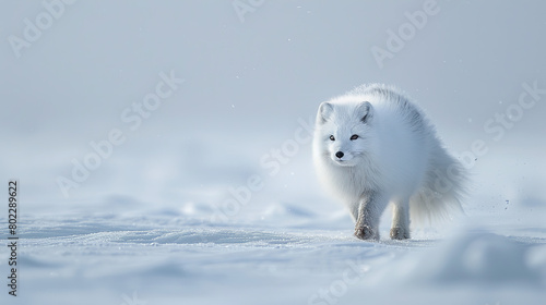 An Arctic fox prowling across a snowy landscape, its fluffy white fur camouflaging it against the icy terrain © Nate