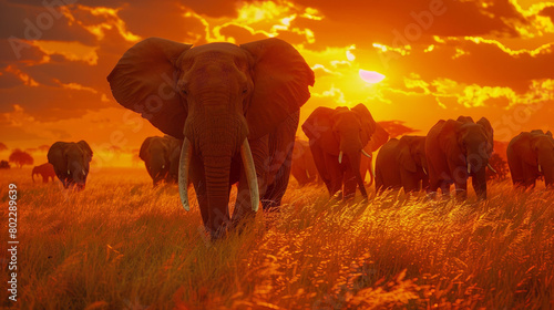 Professional photo with best angle  An elephant matriarch leading her herd through the golden grasslands of the African savannah
