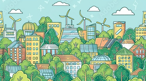 Vector horizontal line art illustration of eco cityscape with alternative energy Seamless pattern with environmentally friendly city with roof greening, solar panels and windmills photo
