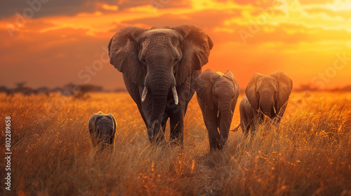 Professional photo with best angle  An elephant matriarch leading her herd through the golden grasslands of the African savannah