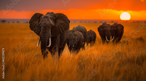 Professional photo with best angle: An elephant matriarch leading her herd through the golden grasslands of the African savannah © Nate