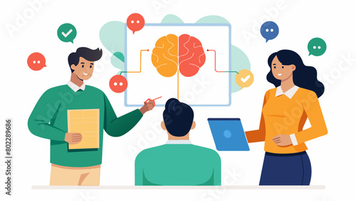 In a team meeting a neurodivergent employee uses a visual aid or diagram to explain a complex concept helping their neurotypical colleagues understand. Vector illustration
